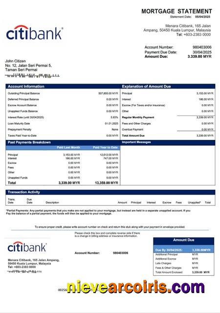 Malaysia Citibank Malaysia mortgage statement Word and PDF template